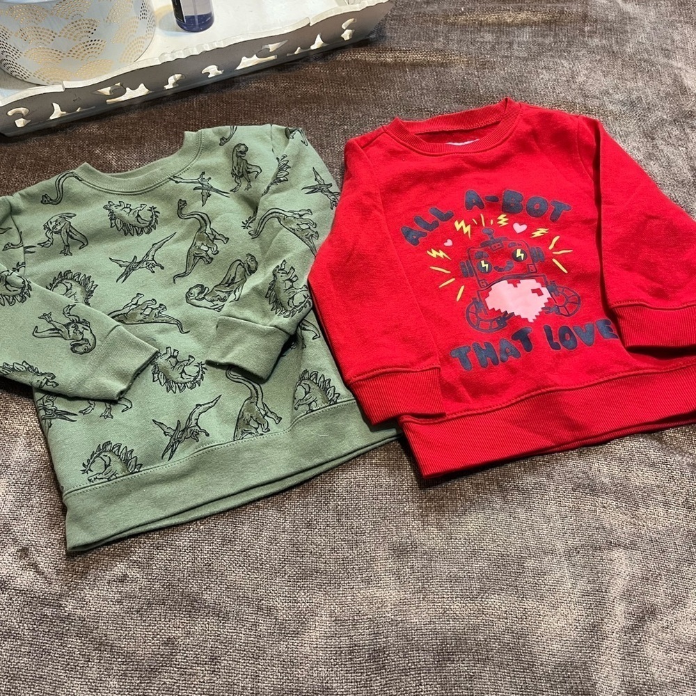 Set of 2 Kids Sweatshirts: Green Dinosaur and Red Robot Prints, Size 3T